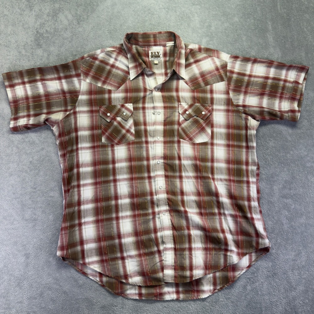 Ely‎ Cattleman Mens XXL Red Brown Plaid Metallic Gold Thread Western Pearl Snap